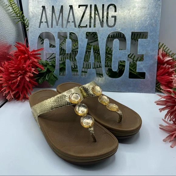 Fitflop Shoes Fitflop Sz Petra Gold Beaded Flip Flops Poshmark